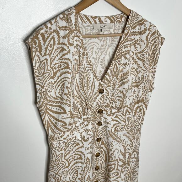 Loft Women Short Sleeve Linen Blend Button Front Dress 6 Tan Cream Floral V Neck - Picture 5 of 11